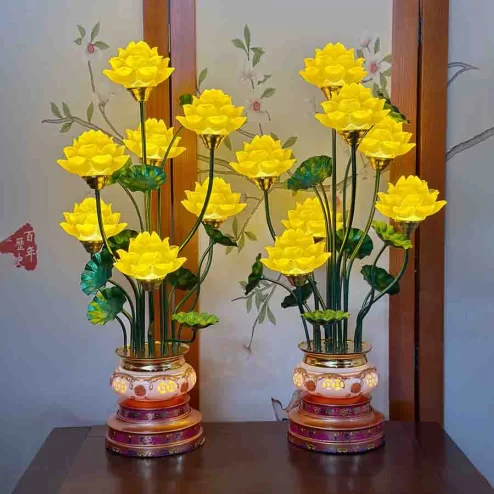 Đèn thờ điện hoa sen 7 bông bát sứ xanh DTD1456 An Phát