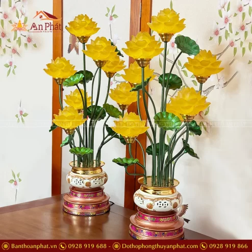 Đèn thờ điện hoa sen 7 bông bát sứ xanh DTD1456 An Phát