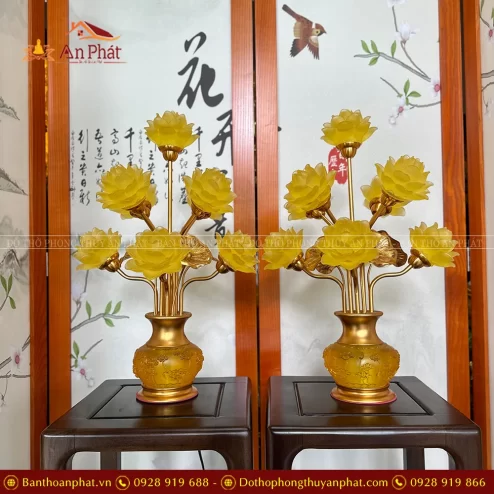 Đèn thờ hoa sen lưu ly bằng điện cao cấp