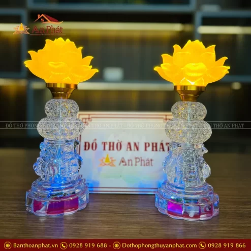 Đèn thờ điện lưu ly 1 bông hoa sen nở rộ nhiều kích thước 20 - 25 - 30cm