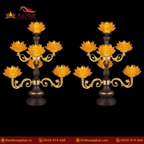 Đèn thờ điện lưu ly đế đồng mắc áo 7 bông hoa sen