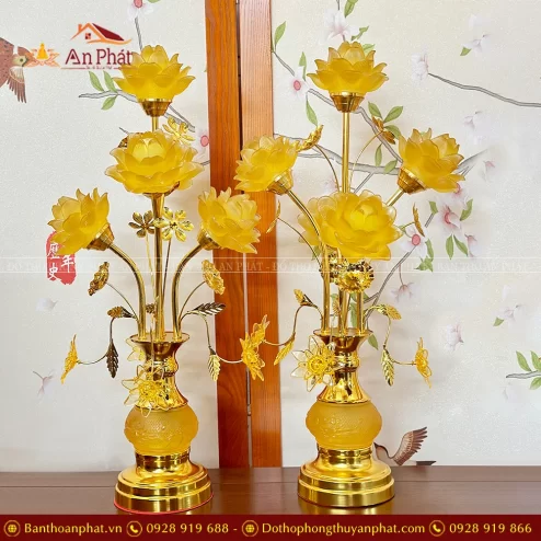 Đèn thờ điện lưu ly hoa sen 5 bông cành vàng DTD1454 An Phát
