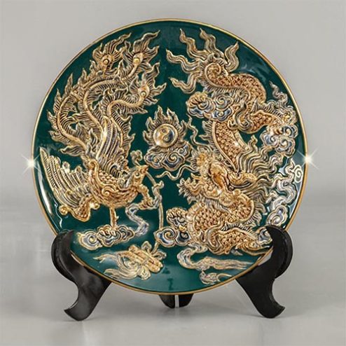 Đĩa Thờ Men Đắp Nổi Rồng Xanh Vẽ Vàng Gốm Bát Tràng DT657
