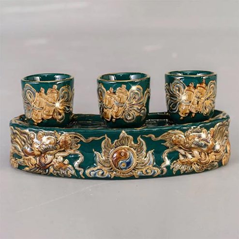 Kỷ Chén Cong Bát Tràng Men Màu Xanh Đắp Nổi Vẽ Vàng DT800