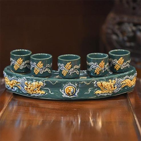 Kỷ Chén Cong Xanh Đắp Nổi Gốm Sứ Bát Tràng DT791