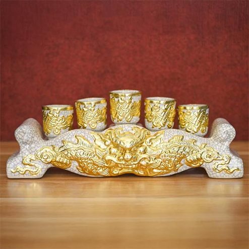 Kỷ Chén Dát Vàng Men Rạn Rồng Đắp Nổi Bát Tràng DT792