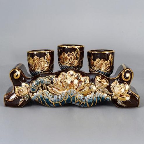 Kỷ Chén Ngai Nâu Bát Tràng Đắp Nổi Vẽ Vàng Cao Cấp DT803