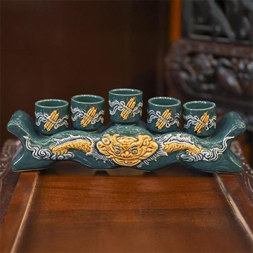 Kỷ Chén Ngai Xanh Đắp Nổi Gốm Sứ Bát Tràng DT790