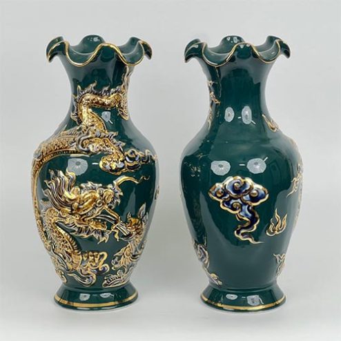 Lọ Hoa Đắp Nổi Rồng Xanh Vẽ Vàng Gốm Bát Tràng DT658