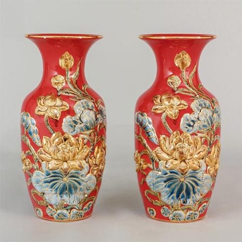 Lọ Lộc Bình Bát Tràng Gốm Đỏ Đắp Nổi Hoa Sen Vẽ Vàng DT737