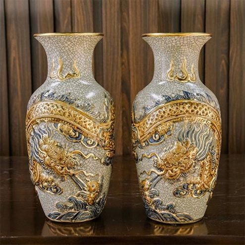 Lọ Lộc Bình Bát Tràng Gốm Men Rạn Đắp Nổi Rồng Vẽ Vàng DT739