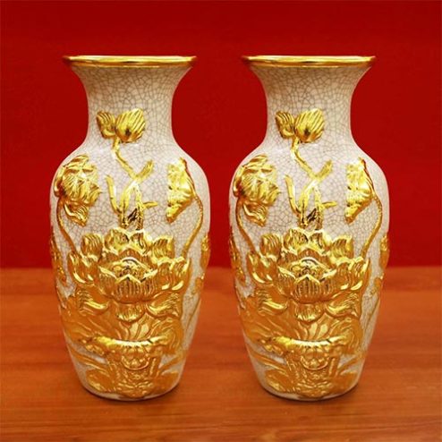 Lọ Lộc Bình Men Rạn Đắp Nổi Hoa Sen Dát Vàng DT729