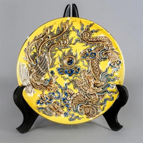Mâm Bồng Thờ Bát Tràng Men Vàng Rồng Đắp Nổi Vẽ Vàng DT693