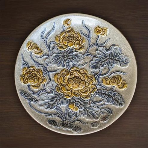 Mâm Bồng Thờ Men Rạn Đắp Nổi Hoa Sen Bát Tràng DT706