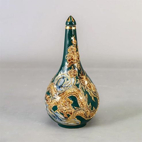 Nậm Rượu Thờ Bầu 1 Men Xanh Đắp Nổi Vẽ Vàng DT829