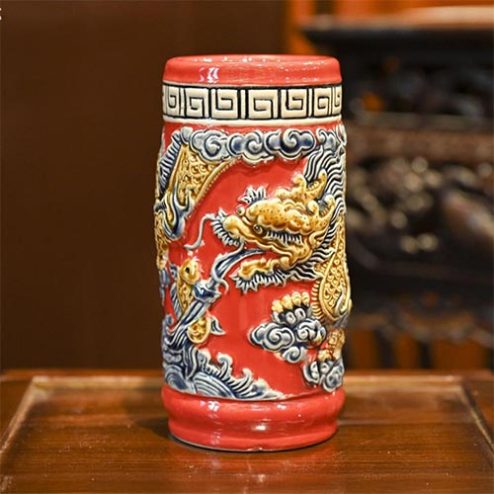 Ống Đựng Hương Men Màu Đỏ Đắp Nổi Bát Tràng DT811