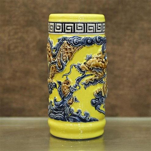 Ống Hương Bát Tràng Men Màu Vàng Đắp Nổi DT813