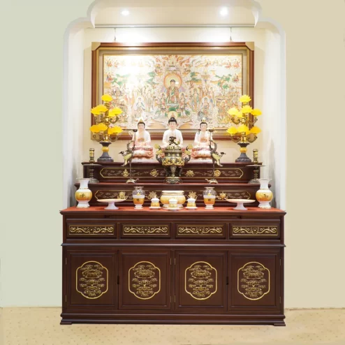 Tủ thờ tam cấp gỗ Cẩm vẽ vàng màu nâu đỏ BT8715 An Phát