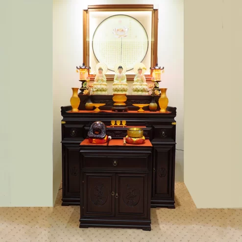 Bàn thờ chạm khắc hoa sen kèm tủ cơm màu óc chó BT8718 An Phát