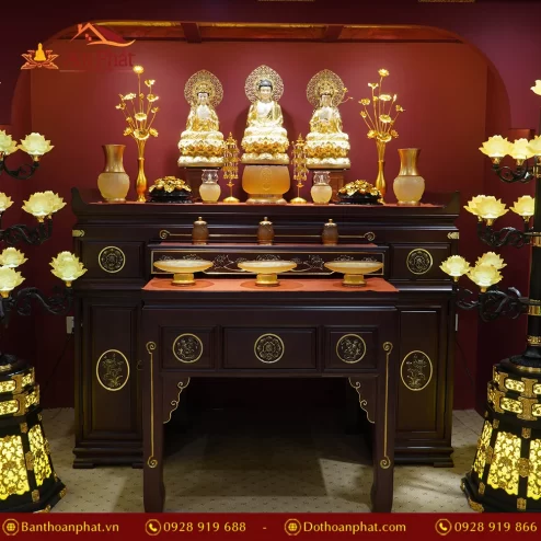 Bàn thờ chạm khắc hoa sen vẽ vàng màu nâu đỏ BT8719 An Phát