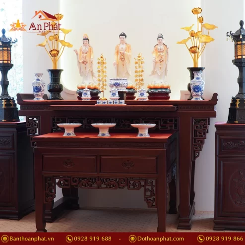 Tủ thờ Phật và gia tiên chạm khắc cầu kỳ