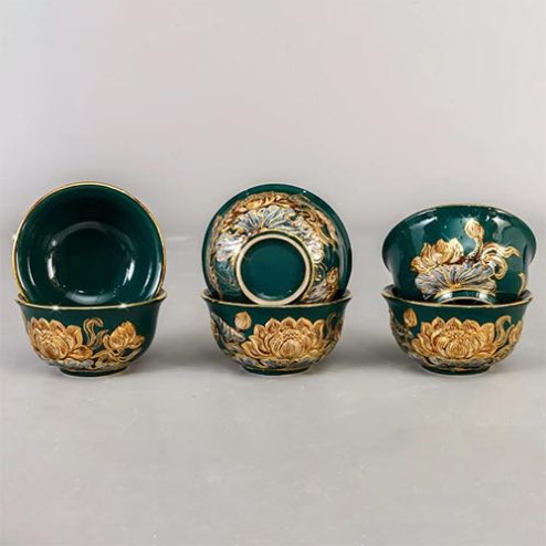 Bát Cơm Cúng Bát Tràng Men Màu Xanh Đắp Nổi Vẽ Vàng DT853