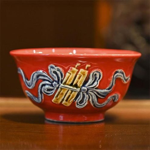 Bát Cơm Thờ Cúng Men Màu Đỏ Đắp Nổi Bát Tràng DT838