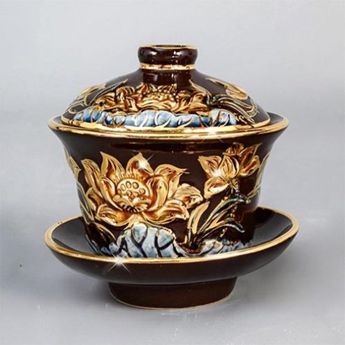 Bát Sâm Cao Cấp Màu Nâu Bát Tràng Đắp Nổi Vẽ Vàng DT912