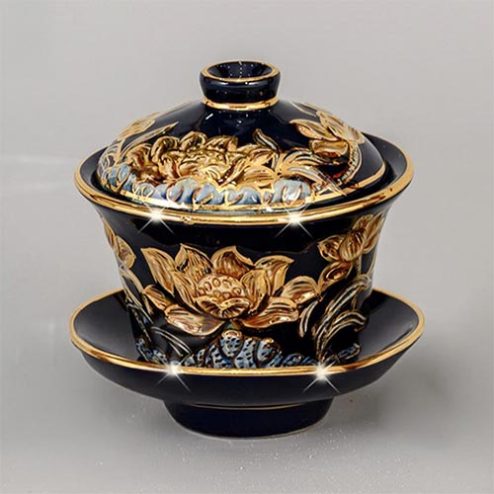 Bát Sâm Cao Cấp Men Màu Xanh Coban Đắp Nổi Vẽ Vàng DT911