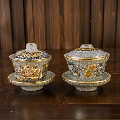 Bát Sâm Cao Cấp Men Rạn Đắp Nổi Vẽ Vàng Gốm Bát Tràng DT883