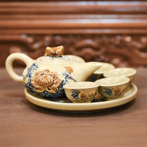 Bộ Ấm Chén Thờ Cúng Bát Tràng Men Hoàng Thổ Đắp Nổi DT839