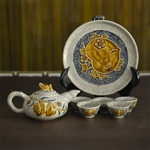 Bộ Ấm Chén Trà Thờ Men Rạn Đắp Nổi Bát Tràng DT835