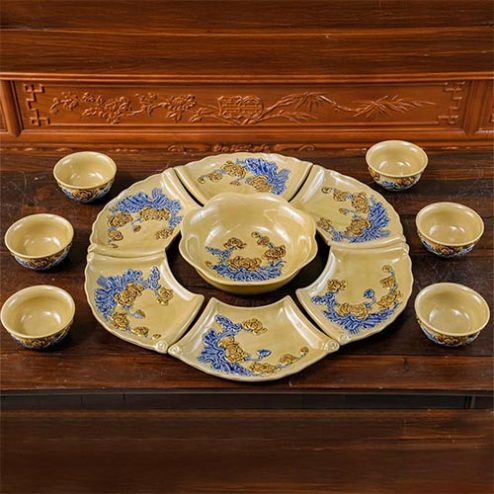 Bộ Bát Đĩa Thờ Hoa Mặt Trời Hoàng Thổ Đắp Nổi DT869