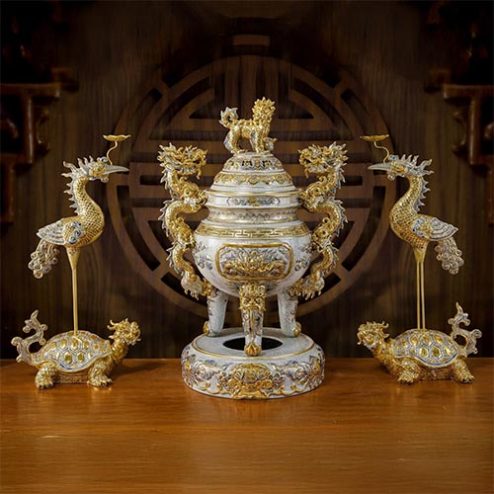 Bộ Đỉnh Hạc Cao Cấp Bát Tràng Men Rạn Đắp Nổi Vẽ Vàng DT904