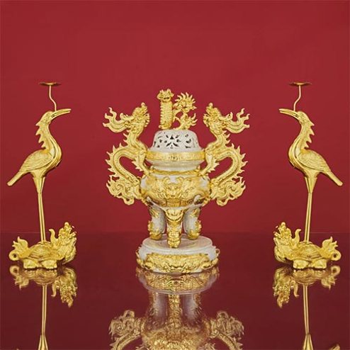 Bộ Đỉnh Hạc Dát Vàng Bát Tràng Men Rạn Đắp Nổi DT901