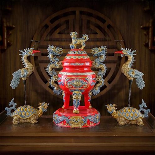 Bộ Đỉnh Hạc Men Màu Đỏ Đắp Nổi Bát Tràng DT897