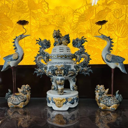 Bộ Đỉnh Hạc Men Rạn Đắp Nổi Bát Tràng DT894