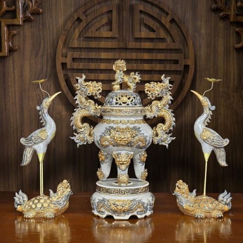 Bộ Đỉnh Hạc Vẽ Vàng Cao Cấp Men Rạn Đắp Nổi Bát Tràng DT903