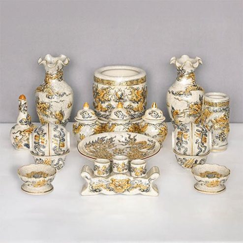 Bộ Đồ Thờ Bát Tràng Cao Cấp Vẽ Vàng Men Rạn Đắp Nổi BDT142