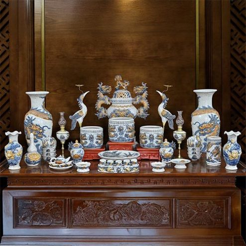 Bộ Đồ Thờ Bát Tràng Gốm Sứ Men Rạn Đắp Nổi BDT108