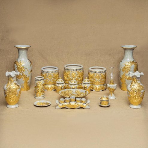 Bộ Đồ Thờ Bát Tràng Men Rạn Đắp Nổi Dát Vàng Cao Cấp BDT106