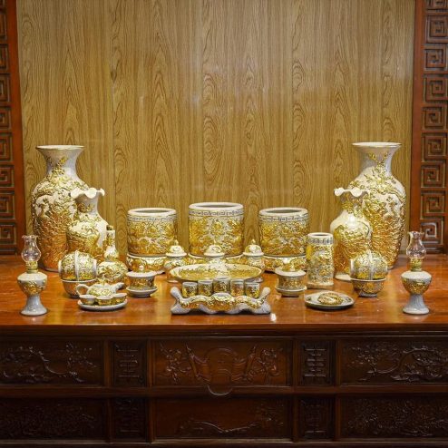 Bộ Đồ Thờ Dát Vàng Cao Cấp Men Rạn Đắp Nổi BDT138