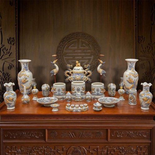 Bộ Đồ Thờ Gia Tiên Bát Tràng Đắp Nổi Gốm Sứ BDT124