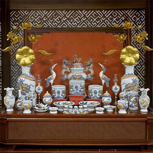 Bộ Đồ Thờ Gốm Sứ Bát Tràng Men Rạn Đắp Nổi BDT115