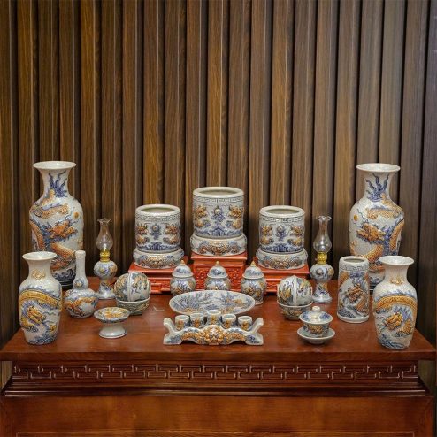 Bộ Đồ Thờ Thần Linh Gia Tiên Men Rạn Đắp Nổi Bát Tràng BDT133