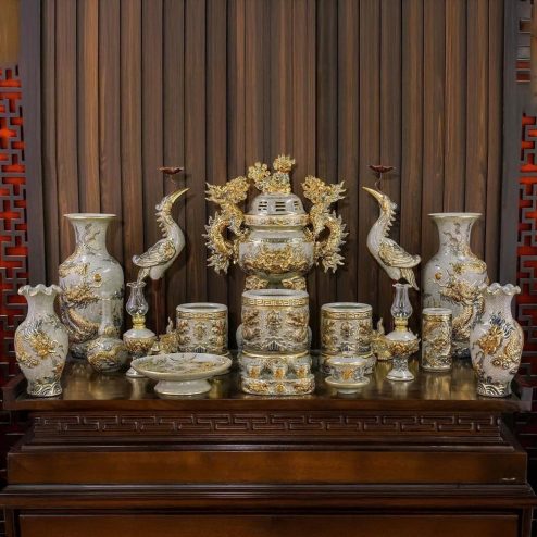 Bộ Đồ Thờ Thần Linh Gia Tiên Vẽ Vàng Cao Cấp Bát Tràng BDT153