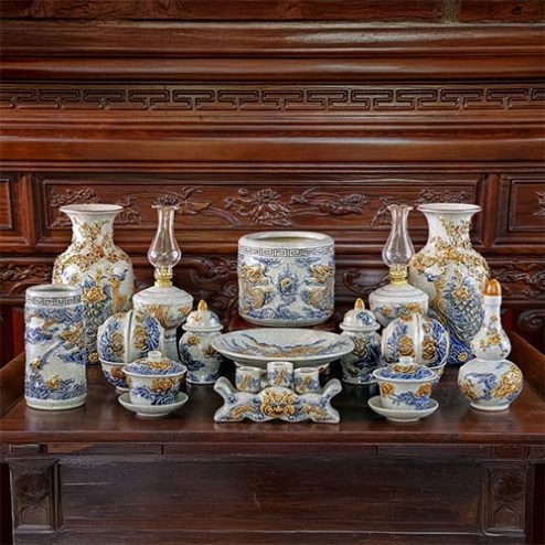 Bộ Đồ Thờ Thần Tài Bát Tràng Men Rạn Đắp Nổi BDT109