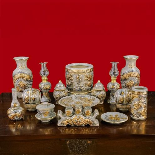 Bộ Đồ Thờ Thần Tài Cao Cấp Vẽ Vàng Men Rạn Đắp Nổi BDT152