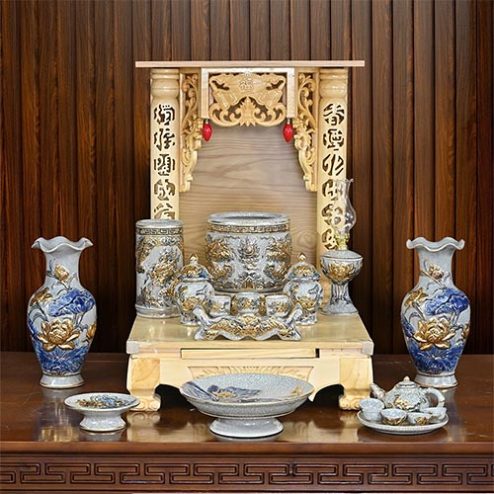 Bộ Đồ Thờ Thần Tài Men Rạn Vẽ Vàng Đắp Nổi Cao Cấp BDT146