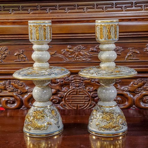 Chân Nến Đĩa Cao Cấp Bát Tràng Men Rạn Đắp Nổi Vẽ Vàng DT905